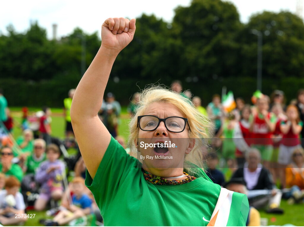 20 July 2023; Republic of Ireland supporter Carmel Weafer during the final minutes of a Watch Party for the opening game of the 2023 FIFA Women's World Cup between Republic of Ireland and Australia at the Irishtown Sports & Fitness Centre in Ringsend, Dublin. Photo by Ray McManus/Sportsfile