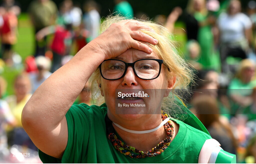 20 July 2023; Republic of Ireland supporter Carmel Weafer during the final minutes of a Watch Party for the opening game of the 2023 FIFA Women's World Cup between Republic of Ireland and Australia at the Irishtown Sports & Fitness Centre in Ringsend, Dublin. Photo by Ray McManus/Sportsfile