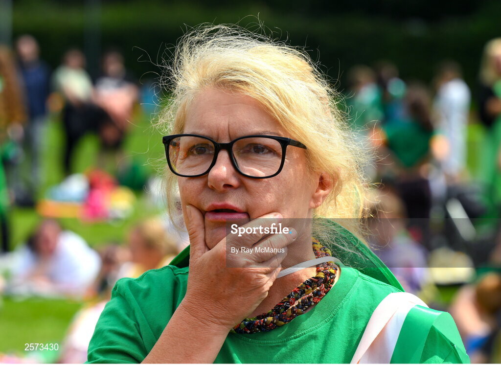 20 July 2023; Republic of Ireland supporter Carmel Weafer during the final minutes of a Watch Party for the opening game of the 2023 FIFA Women's World Cup between Republic of Ireland and Australia at the Irishtown Sports & Fitness Centre in Ringsend, Dublin. Photo by Ray McManus/Sportsfile