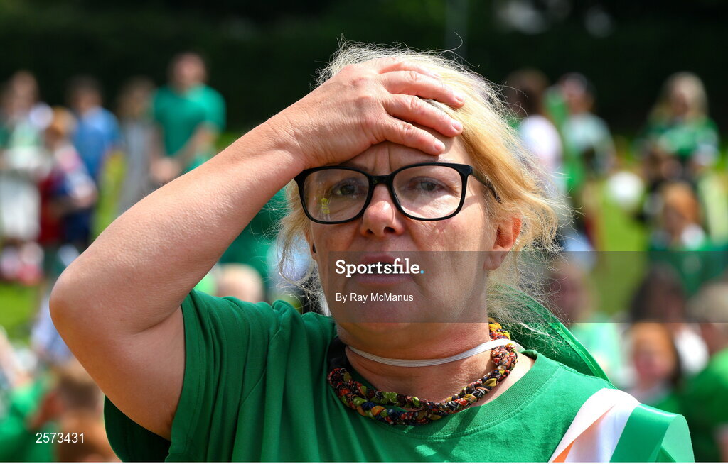 20 July 2023; Republic of Ireland supporter Carmel Weafer during the final minutes of a Watch Party for the opening game of the 2023 FIFA Women's World Cup between Republic of Ireland and Australia at the Irishtown Sports & Fitness Centre in Ringsend, Dublin. Photo by Ray McManus/Sportsfile