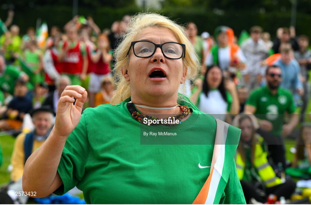 20 July 2023; Republic of Ireland supporter Carmel Weafer during the final minutes of a Watch Party for the opening game of the 2023 FIFA Women's World Cup between Republic of Ireland and Australia at the Irishtown Sports & Fitness Centre in Ringsend, Dublin. Photo by Ray McManus/Sportsfile