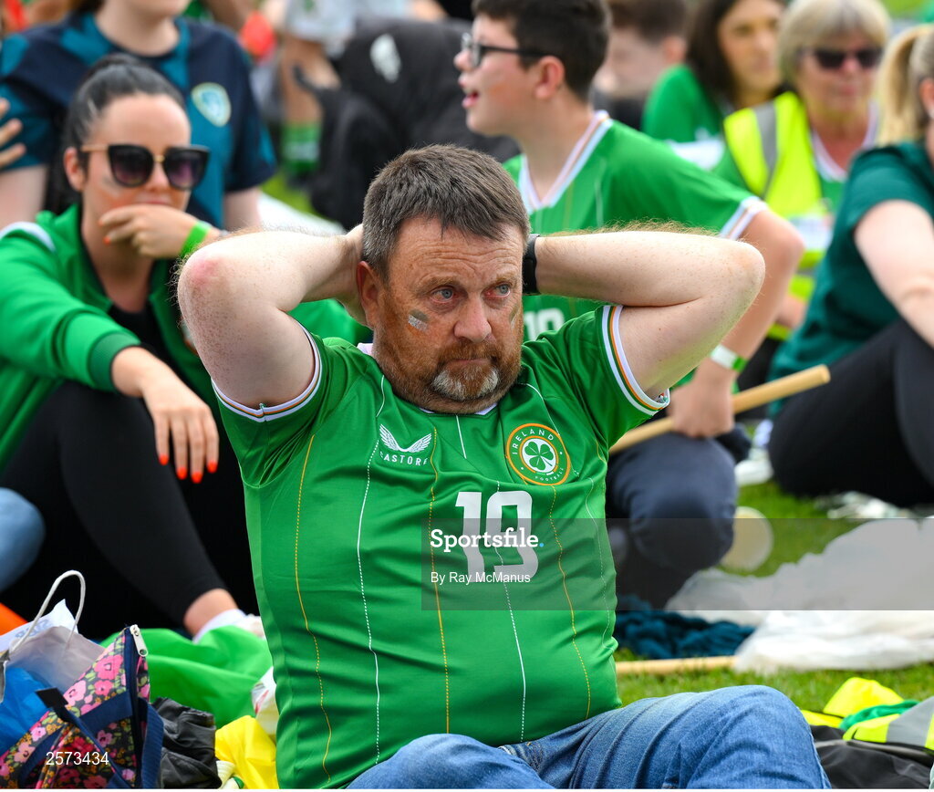 20 July 2023; Republic of Ireland supporter Alan Foley watches the concluding minute of a Watch Party for the opening game of the 2023 FIFA Women's World Cup between Republic of Ireland and Australia at the Irishtown Sports & Fitness Centre in Ringsend, Dublin. Photo by Ray McManus/Sportsfile