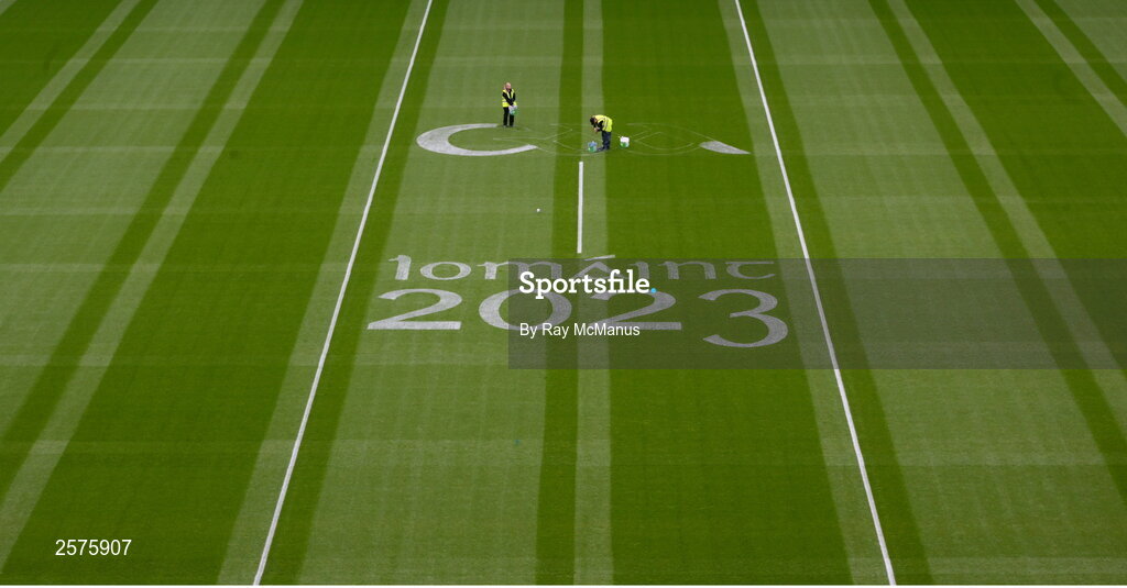 23 July 2023; Work in progress on the pitch in advance of the GAA Hurling All-Ireland Senior Championship final match between Kilkenny and Limerick at Croke Park in Dublin. Photo by Ray McManus/Sportsfile