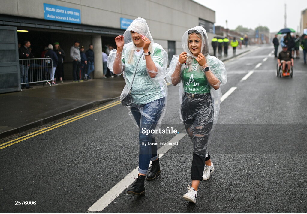 23 July 2023; Limerick supporters Melicia O'Riley, right, and Bernie Hennessy from Kilmallock before the GAA Hurling All-Ireland Senior Championship final match between Kilkenny and Limerick at Croke Park in Dublin. Photo by David Fitzgerald/Sportsfile