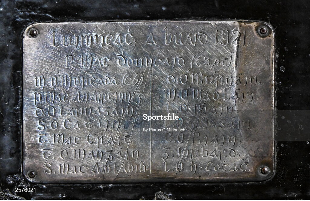 23 July 2023; A detailed view of the plinth of the original Liam MacCarthy Cup, on display in the GAA Museum, which was first awarded a century ago in 1923 when the 1921 All-Ireland Senior Hurling Championship Final was played and Limerick beat Dublin - GAA Hurling All-Ireland Senior Championship final match between Kilkenny and Limerick at Croke Park in Dublin. Photo by Piaras Ó Mídheach/Sportsfile