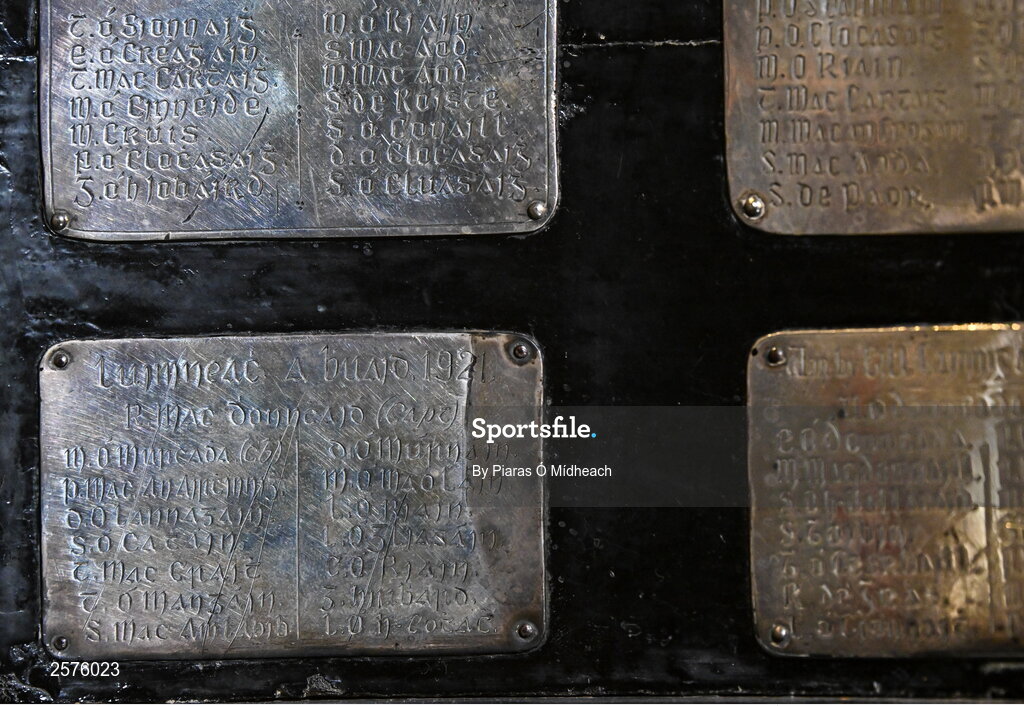 23 July 2023; A detailed view of the plinth of the original Liam MacCarthy Cup, on display in the GAA Museum, which was first awarded a century ago in 1923 when the 1921 All-Ireland Senior Hurling Championship Final was played and Limerick beat Dublin - GAA Hurling All-Ireland Senior Championship final match between Kilkenny and Limerick at Croke Park in Dublin. Photo by Piaras Ó Mídheach/Sportsfile