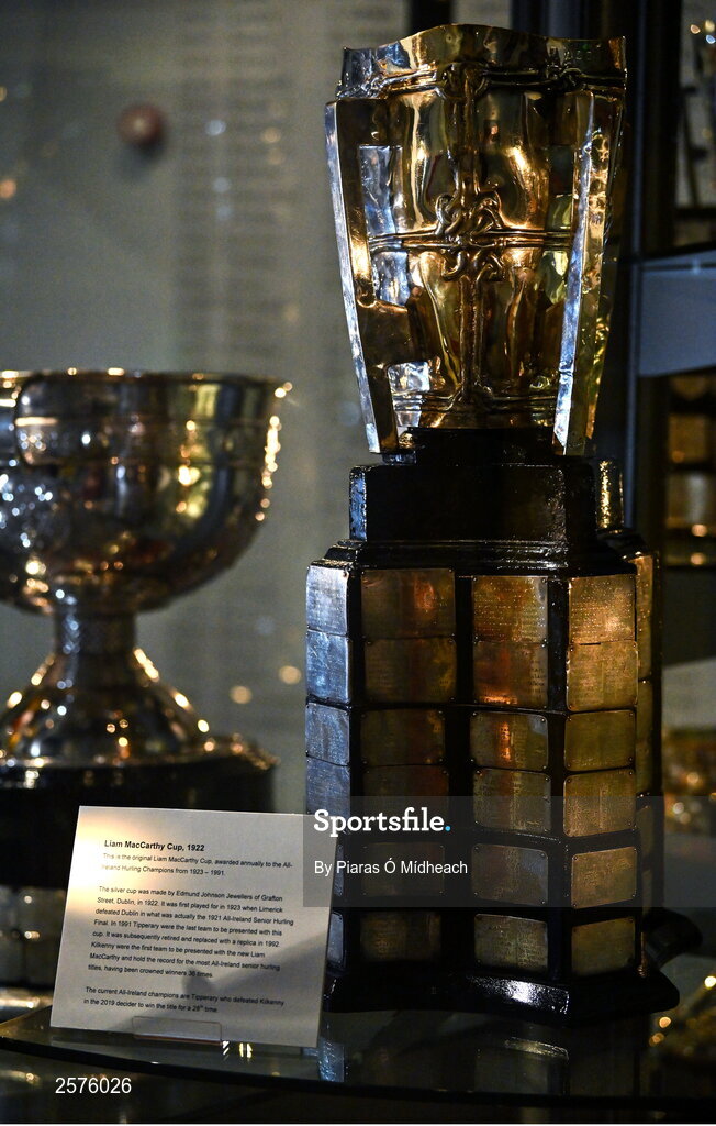 23 July 2023; The original Liam MacCarthy Cup, on display in the GAA Museum, which was first awarded a century ago in 1923 when the 1921 All-Ireland Senior Hurling Championship Final was played and Limerick beat Dublin - GAA Hurling All-Ireland Senior Championship final match between Kilkenny and Limerick at Croke Park in Dublin. Photo by Piaras Ó Mídheach/Sportsfile