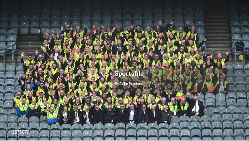 23 July 2023; Uachtarán Chumann Lúthchleas Gael Larry McCarthy, Ard Stiúrthóir of the GAA Tom Ryan, and Croke Park stewards pose for a photograph before the GAA Hurling All-Ireland Senior Championship final match between Kilkenny and Limerick at Croke Park in Dublin. Photo by Daire Brennan/Sportsfile