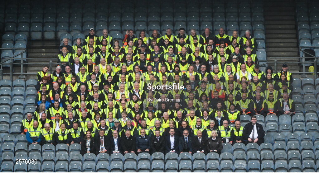 23 July 2023; Uachtarán Chumann Lúthchleas Gael Larry McCarthy, Ard Stiúrthóir of the GAA Tom Ryan, and Croke Park stewards pose for a photograph before the GAA Hurling All-Ireland Senior Championship final match between Kilkenny and Limerick at Croke Park in Dublin. Photo by Daire Brennan/Sportsfile