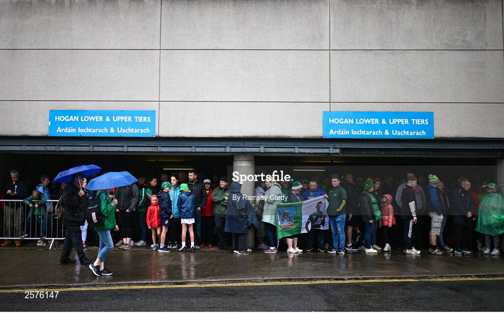 23 July 2023; Supporters queue outside before the GAA Hurling All-Ireland Senior Championship final match between Kilkenny and Limerick at Croke Park in Dublin. Photo by Ramsey Cardy/Sportsfile
