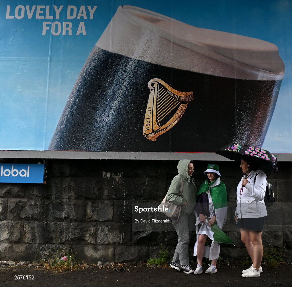 23 July 2023; Supporters shelter before the GAA Hurling All-Ireland Senior Championship final match between Kilkenny and Limerick at Croke Park in Dublin. Photo by David Fitzgerald/Sportsfile