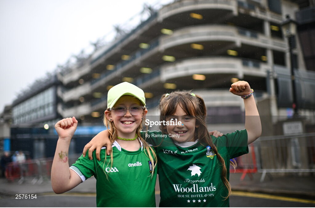 23 July 2023; Limerick supporters Isabelle, age 9, left, and Grace Ryan, age 7, from Oola, before the GAA Hurling All-Ireland Senior Championship final match between Kilkenny and Limerick at Croke Park in Dublin. Photo by Ramsey Cardy/Sportsfile
