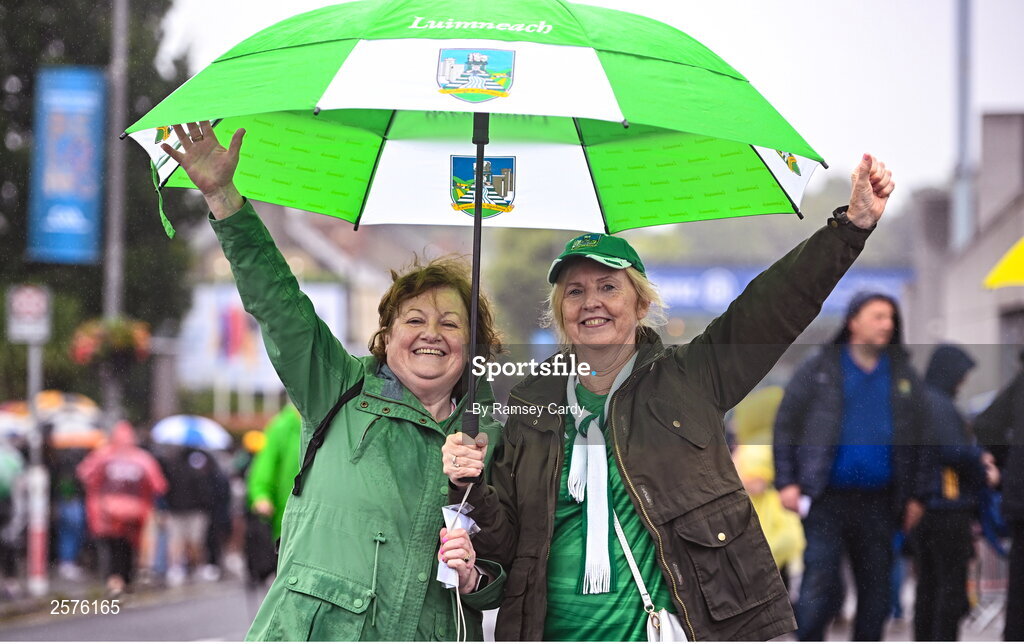 23 July 2023; Limerick supporters Marian Coughlan, left, and Eileen O'Donnell, from Adare, before the GAA Hurling All-Ireland Senior Championship final match between Kilkenny and Limerick at Croke Park in Dublin. Photo by Ramsey Cardy/Sportsfile