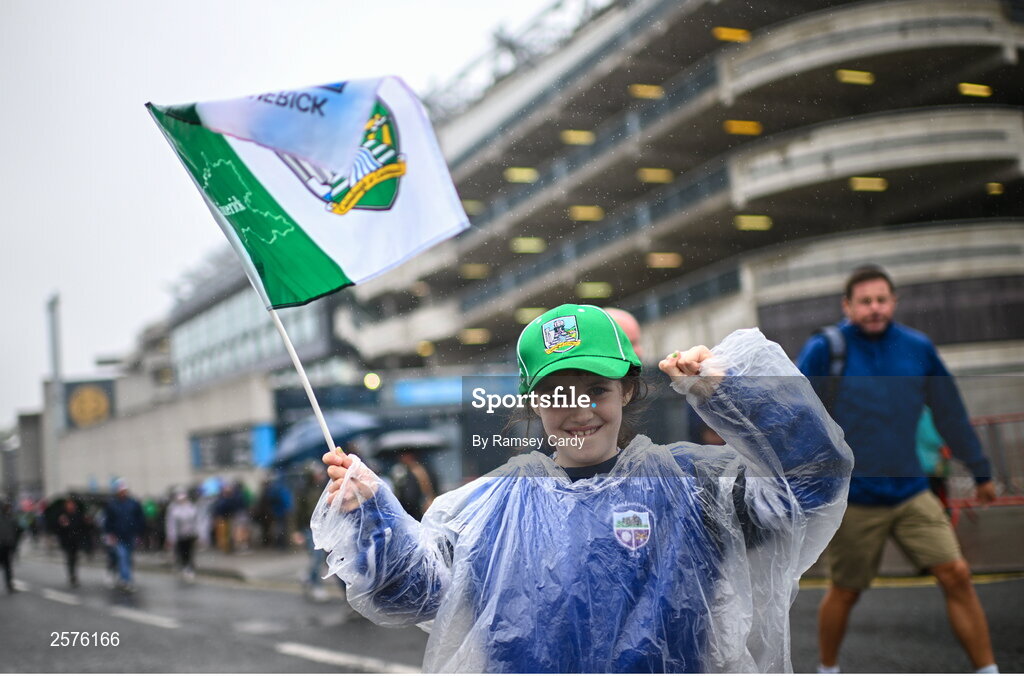 23 July 2023; Limerick supporter Mia Ryan, age 8, from Pallaskenry, before the GAA Hurling All-Ireland Senior Championship final match between Kilkenny and Limerick at Croke Park in Dublin. Photo by Ramsey Cardy/Sportsfile