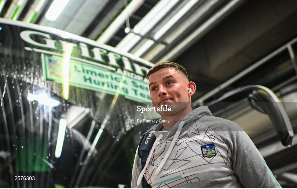 23 July 2023; Gearóid Hegarty of Limerick arrives before the GAA Hurling All-Ireland Senior Championship final match between Kilkenny and Limerick at Croke Park in Dublin. Photo by Ramsey Cardy/Sportsfile