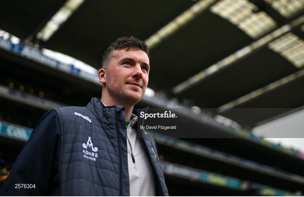 23 July 2023; Injured Limerick captain Declan Hannon walks out before the GAA Hurling All-Ireland Senior Championship final match between Kilkenny and Limerick at Croke Park in Dublin. Photo by David Fitzgerald/Sportsfile