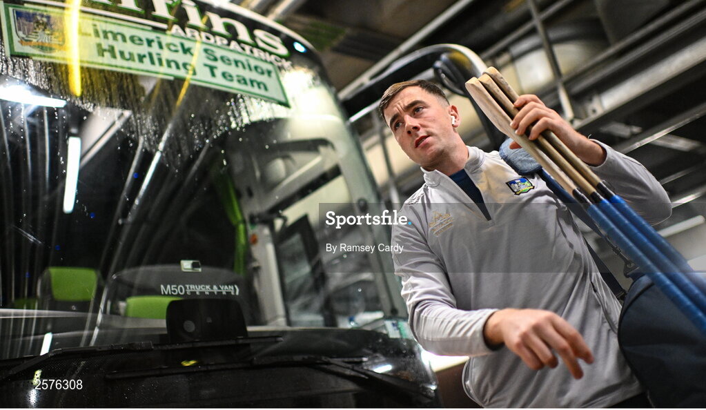 23 July 2023; Diarmaid Byrnes of Limerick arrives before the GAA Hurling All-Ireland Senior Championship final match between Kilkenny and Limerick at Croke Park in Dublin. Photo by Ramsey Cardy/Sportsfile