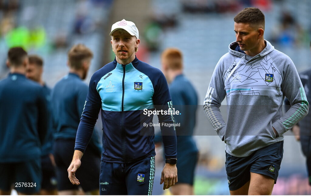 23 July 2023; Limerick players Cian Lynch, left, and Gearóid Hegarty before the GAA Hurling All-Ireland Senior Championship final match between Kilkenny and Limerick at Croke Park in Dublin. Photo by David Fitzgerald/Sportsfile