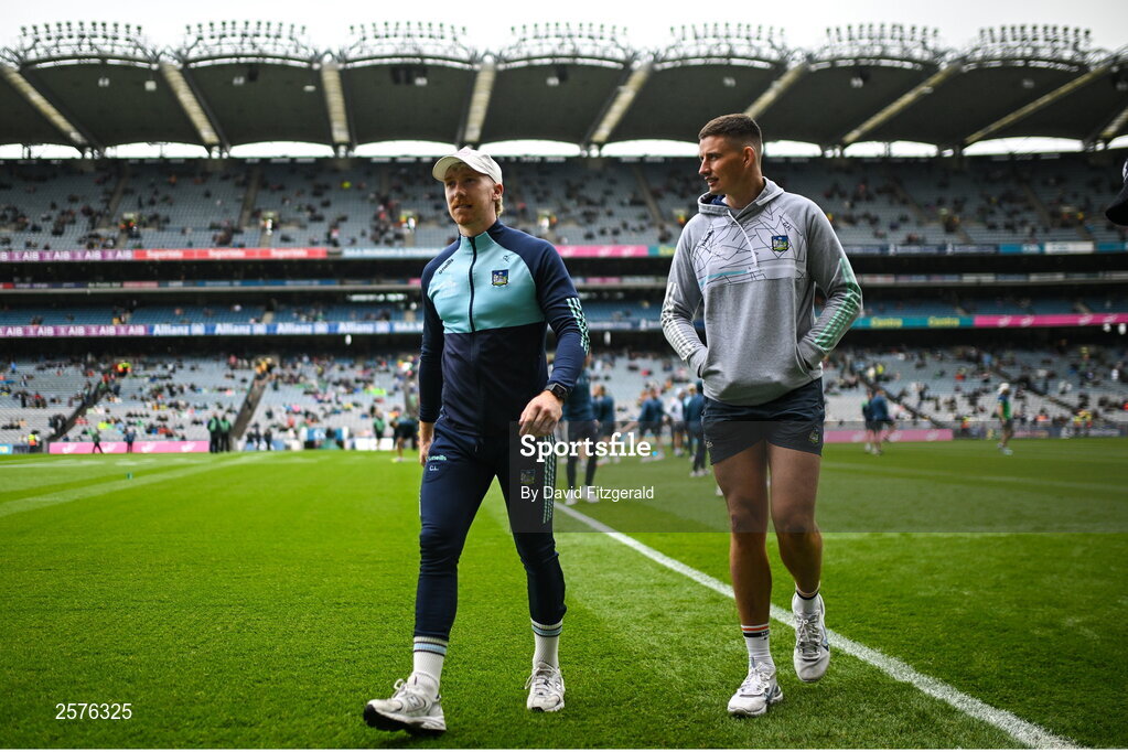 23 July 2023; Limerick players Cian Lynch, left, and Gearóid Hegarty before the GAA Hurling All-Ireland Senior Championship final match between Kilkenny and Limerick at Croke Park in Dublin. Photo by David Fitzgerald/Sportsfile