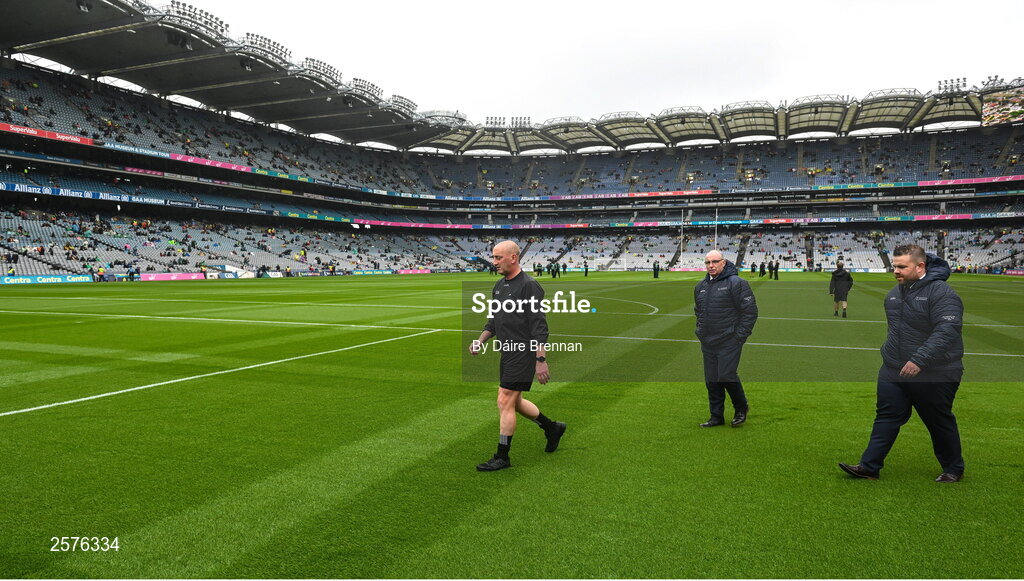 23 July 2023; Referee John Keenan walks the pitch ahead of the GAA Hurling All-Ireland Senior Championship final match between Kilkenny and Limerick at Croke Park in Dublin. Photo by Daire Brennan/Sportsfile