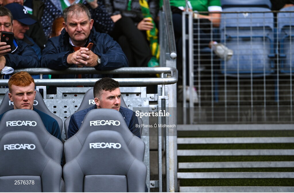 23 July 2023; Injured Limerick captain Declan Hannon before the GAA Hurling All-Ireland Senior Championship final match between Kilkenny and Limerick at Croke Park in Dublin. Photo by Piaras Ó Mídheach/Sportsfile