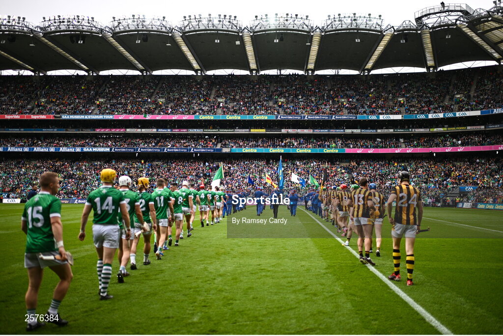 23 July 2023; Both teams parade before the GAA Hurling All-Ireland Senior Championship final match between Kilkenny and Limerick at Croke Park in Dublin. Photo by Ramsey Cardy/Sportsfile