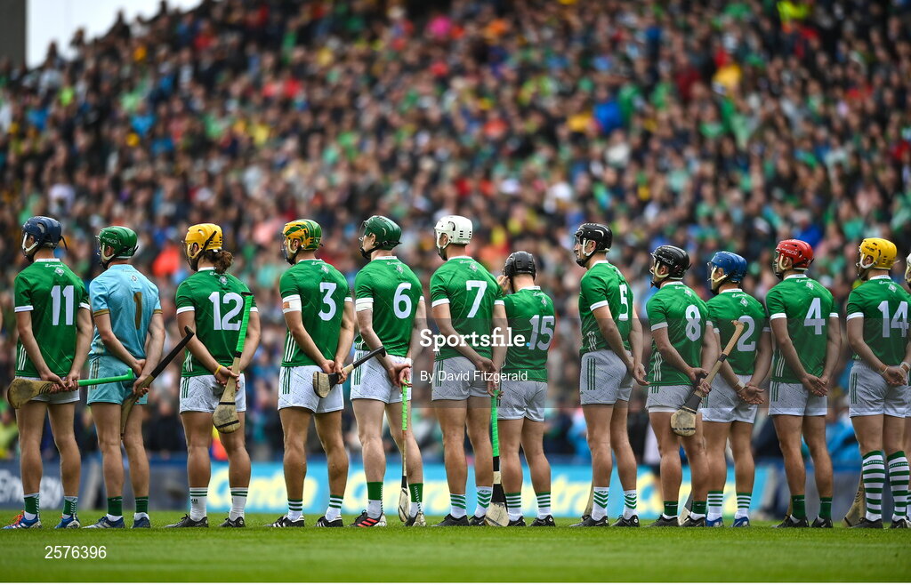 23 July 2023; The Limerick team stand together for Amhrán na bhFiann before the GAA Hurling All-Ireland Senior Championship final match between Kilkenny and Limerick at Croke Park in Dublin. Photo by David Fitzgerald/Sportsfile