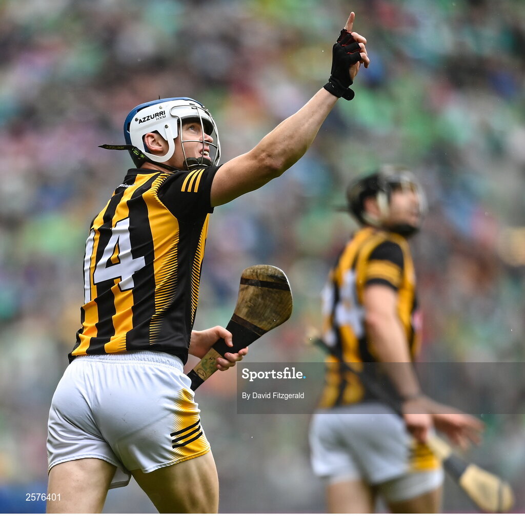 23 July 2023; TJ Reid of Kilkenny celebrates after scoring a point during the GAA Hurling All-Ireland Senior Championship final match between Kilkenny and Limerick at Croke Park in Dublin. Photo by David Fitzgerald/Sportsfile