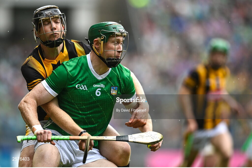 23 July 2023; William O'Donoghue of Limerick  in action against Walter Walsh of Kilkenny during the GAA Hurling All-Ireland Senior Championship final match between Kilkenny and Limerick at Croke Park in Dublin. Photo by David Fitzgerald/Sportsfile
