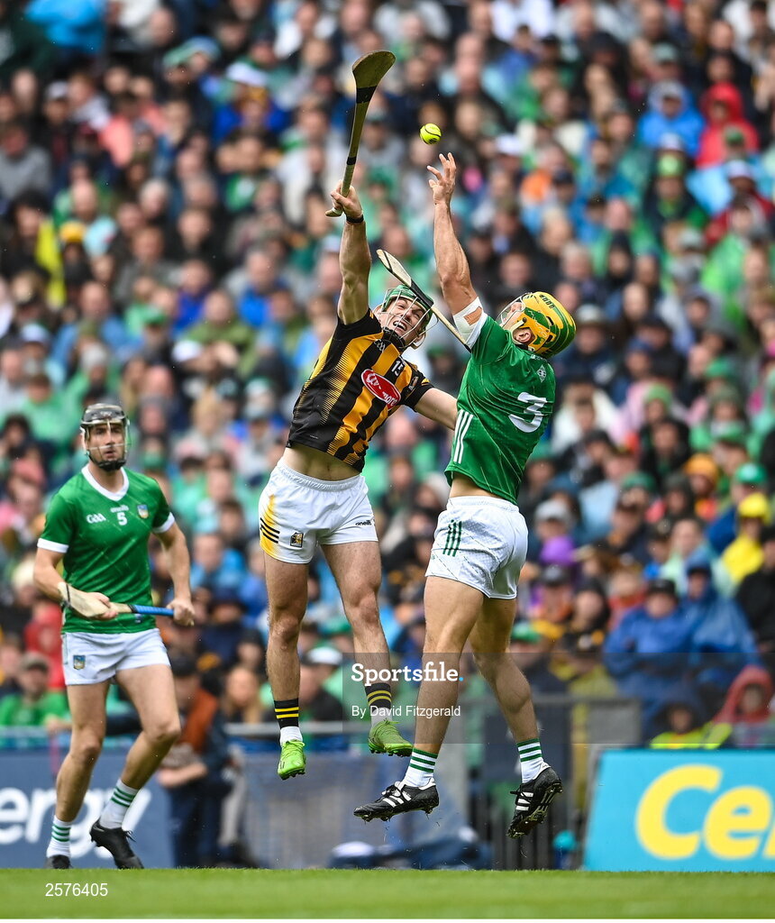 23 July 2023; Eoin Cody of Kilkenny in action against Dan Morrissey of Limerick during the GAA Hurling All-Ireland Senior Championship final match between Kilkenny and Limerick at Croke Park in Dublin. Photo by David Fitzgerald/Sportsfile