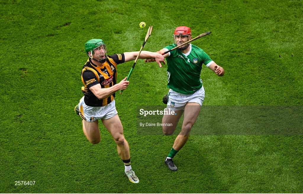 23 July 2023; Martin Keoghan of Kilkenny in action against Barry Nash of Limerick during the GAA Hurling All-Ireland Senior Championship final match between Kilkenny and Limerick at Croke Park in Dublin. Photo by Daire Brennan/Sportsfile