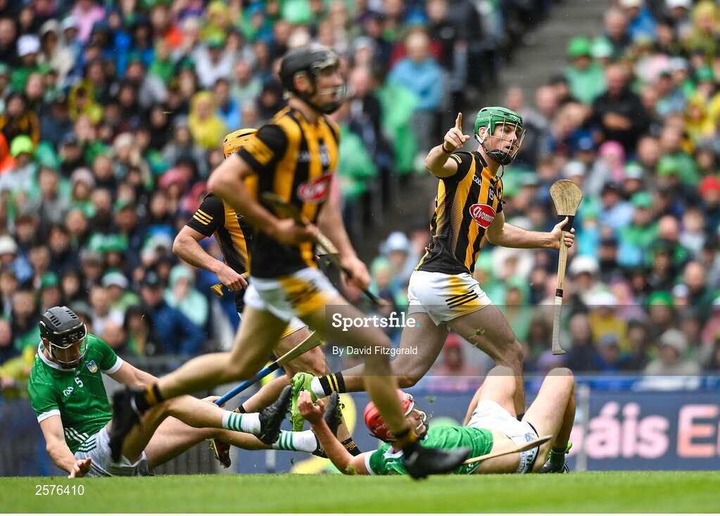 23 July 2023; Eoin Cody of Kilkenny celebrates after scoring his side's first goal during the GAA Hurling All-Ireland Senior Championship final match between Kilkenny and Limerick at Croke Park in Dublin. Photo by David Fitzgerald/Sportsfile