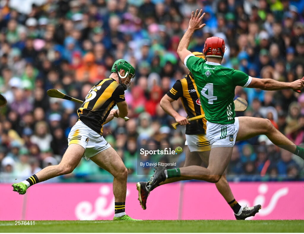 23 July 2023; Eoin Cody of Kilkenny shoots to score his side's first goal during the GAA Hurling All-Ireland Senior Championship final match between Kilkenny and Limerick at Croke Park in Dublin. Photo by David Fitzgerald/Sportsfile