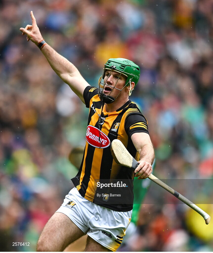 23 July 2023; Eoin Cody of Kilkenny celebrates after scoring his side's first goal during the GAA Hurling All-Ireland Senior Championship final match between Kilkenny and Limerick at Croke Park in Dublin. Photo by Sam Barnes/Sportsfile