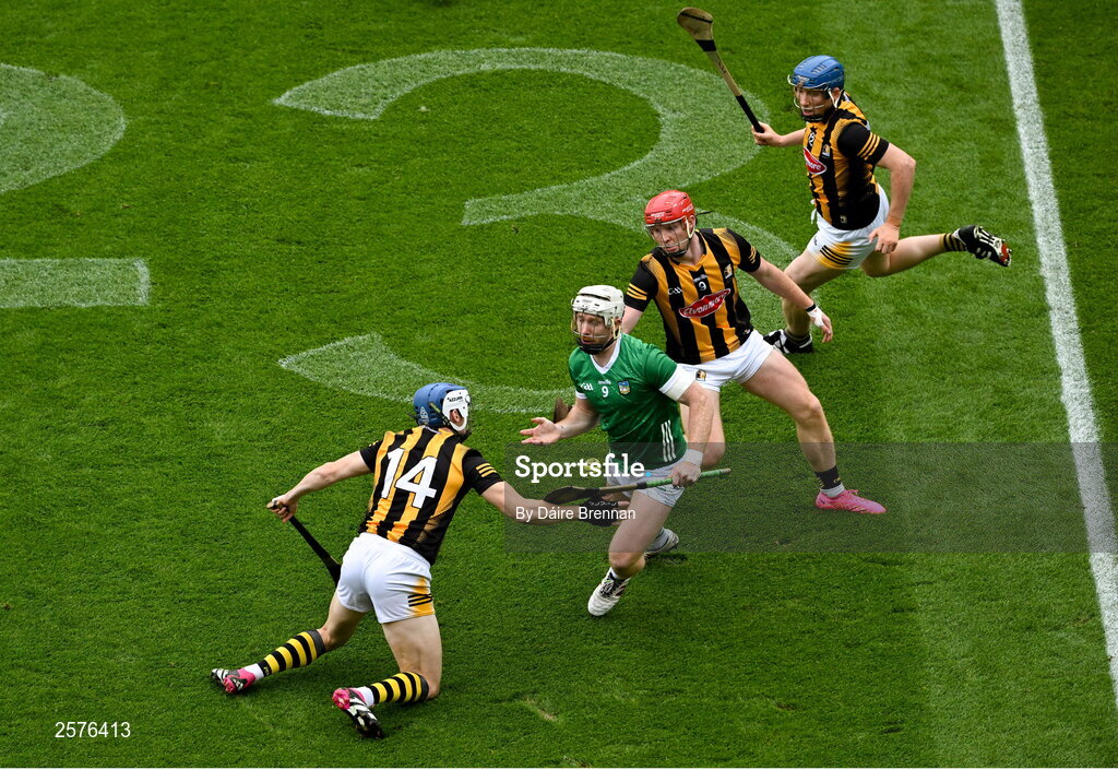 23 July 2023; Cian Lynch of Limerick in action against TJ Reid of Kilkenny during the GAA Hurling All-Ireland Senior Championship final match between Kilkenny and Limerick at Croke Park in Dublin. Photo by Daire Brennan/Sportsfile