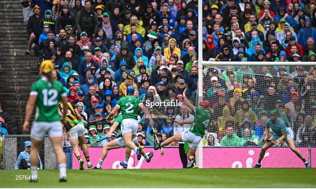 23 July 2023; Eoin Cody of Kilkenny shoots to score his side's first goal during the GAA Hurling All-Ireland Senior Championship final match between Kilkenny and Limerick at Croke Park in Dublin. Photo by Ramsey Cardy/Sportsfile