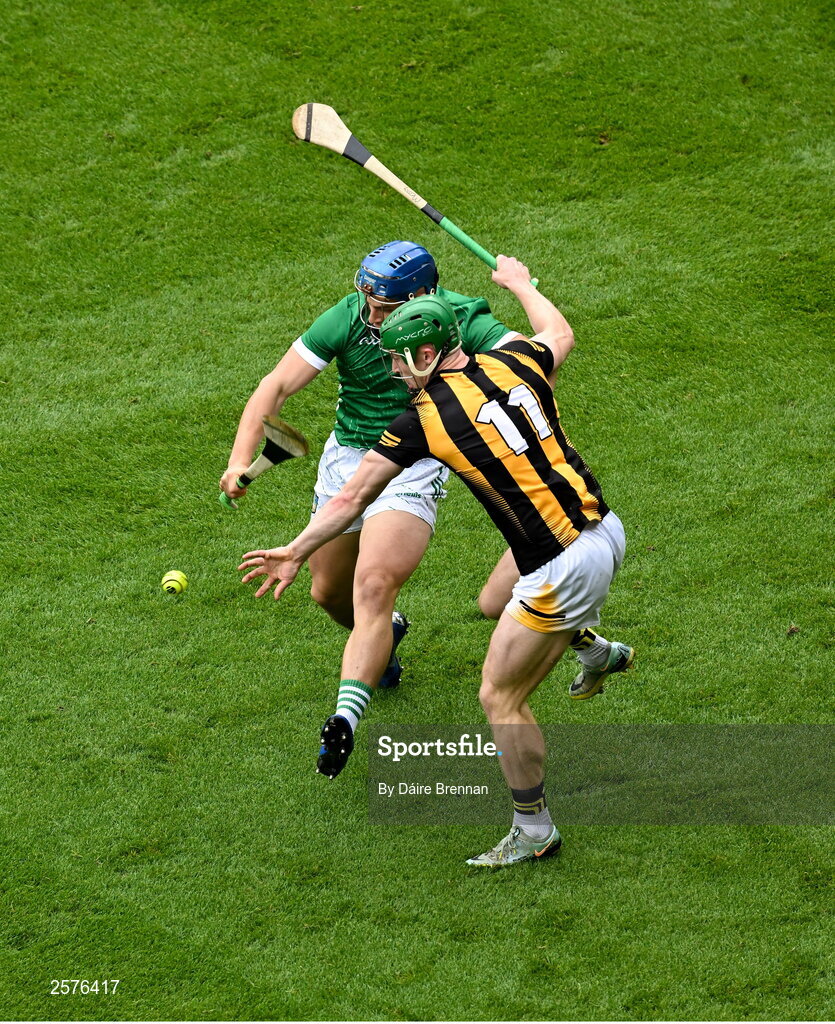 23 July 2023; Martin Keoghan of Kilkenny in action against Mike Casey of Limerick during the GAA Hurling All-Ireland Senior Championship final match between Kilkenny and Limerick at Croke Park in Dublin. Photo by Daire Brennan/Sportsfile