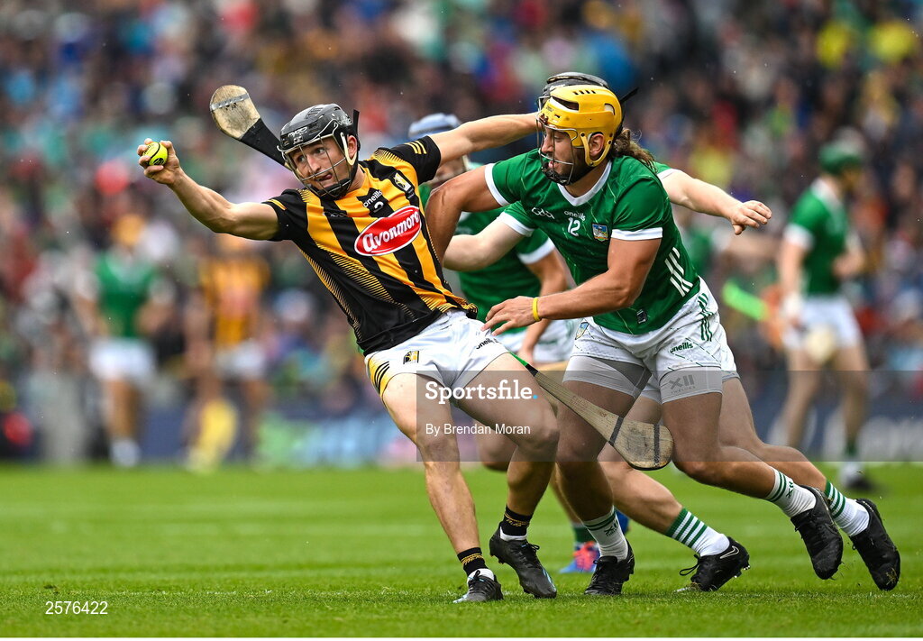 23 July 2023; Mikey Butler of Kilkenny in action against Tom Morrissey of Limerick during the GAA Hurling All-Ireland Senior Championship final match between Kilkenny and Limerick at Croke Park in Dublin. Photo by Brendan Moran/Sportsfile