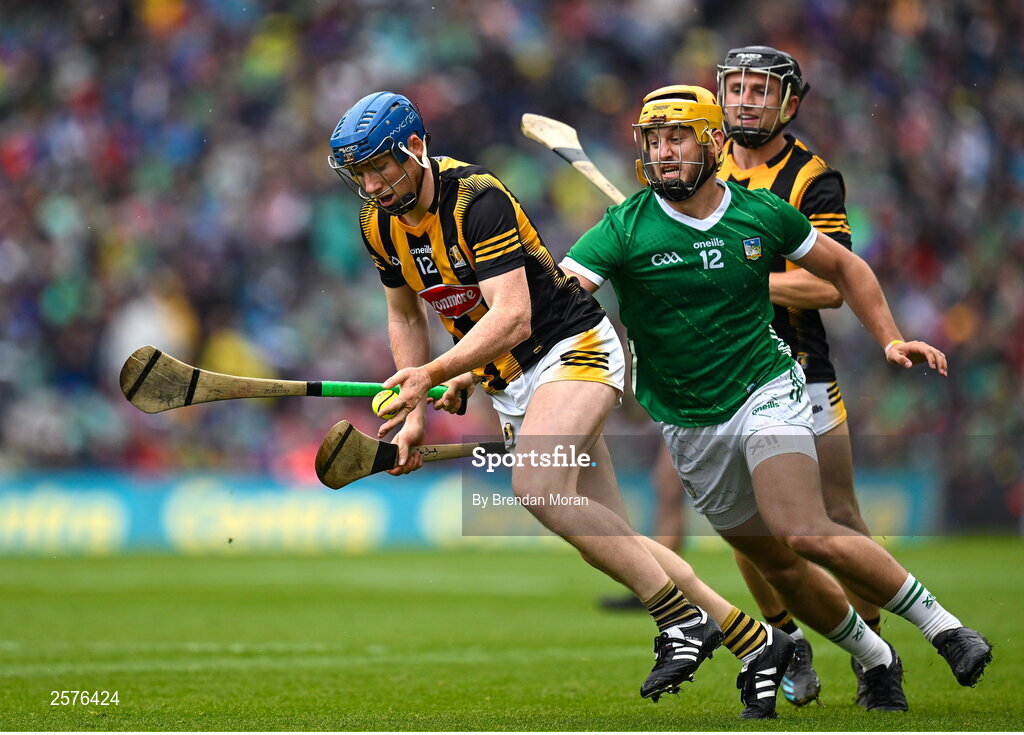 23 July 2023; John Donnelly of Kilkenny in action against Tom Morrissey of Limerick during the GAA Hurling All-Ireland Senior Championship final match between Kilkenny and Limerick at Croke Park in Dublin. Photo by Brendan Moran/Sportsfile