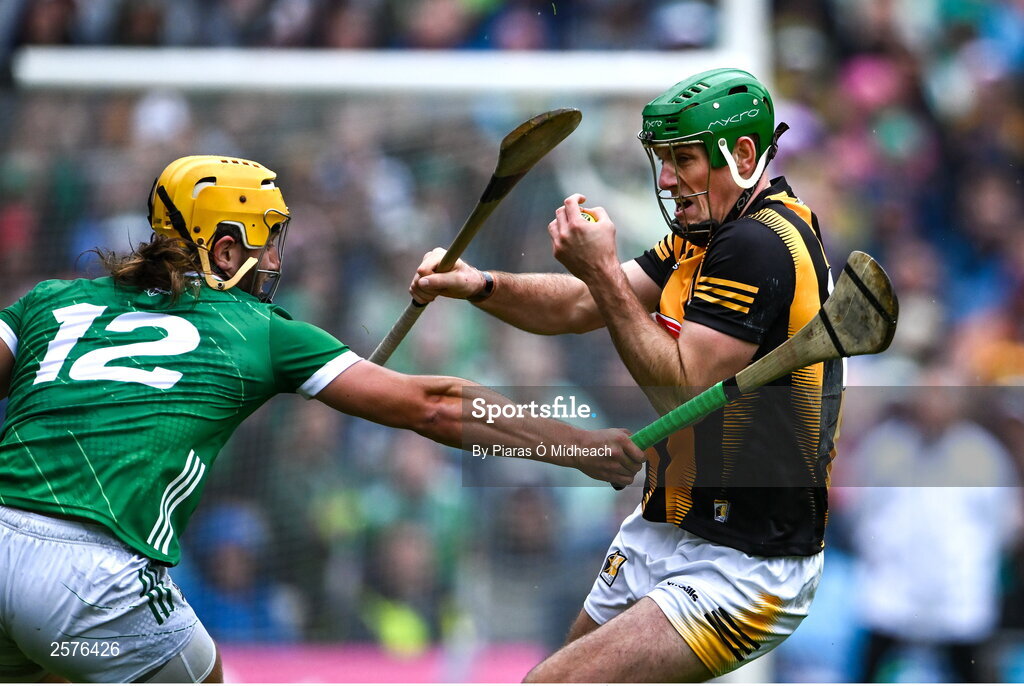 23 July 2023; Eoin Cody of Kilkenny in action against Tom Morrissey of Limerick during the GAA Hurling All-Ireland Senior Championship final match between Kilkenny and Limerick at Croke Park in Dublin. Photo by Piaras Ó Mídheach/Sportsfile