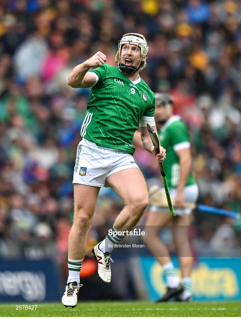 23 July 2023; Cian Lynch of Limerick celebrates after scoring an early point during the GAA Hurling All-Ireland Senior Championship final match between Kilkenny and Limerick at Croke Park in Dublin. Photo by Brendan Moran/Sportsfile