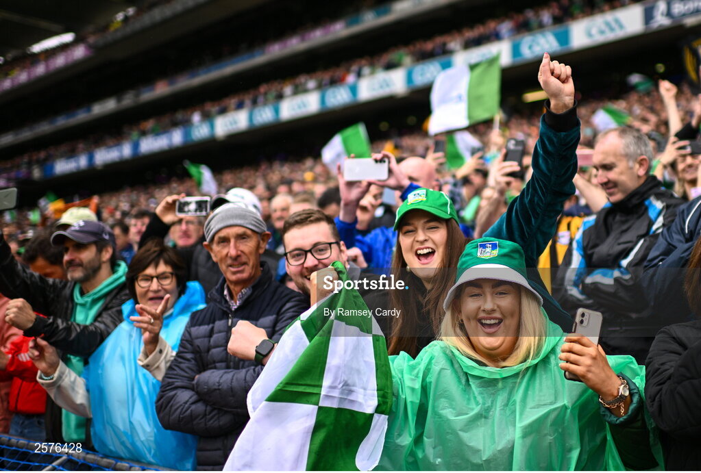 23 July 2023; Limerick supporters during the GAA Hurling All-Ireland Senior Championship final match between Kilkenny and Limerick at Croke Park in Dublin. Photo by Ramsey Cardy/Sportsfile
