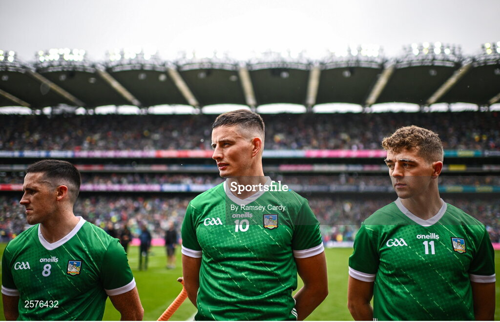 23 July 2023; Limerick players, from left, Darragh O'Donovan, Gearóid Hegarty and David Reidy before the GAA Hurling All-Ireland Senior Championship final match between Kilkenny and Limerick at Croke Park in Dublin. Photo by Ramsey Cardy/Sportsfile