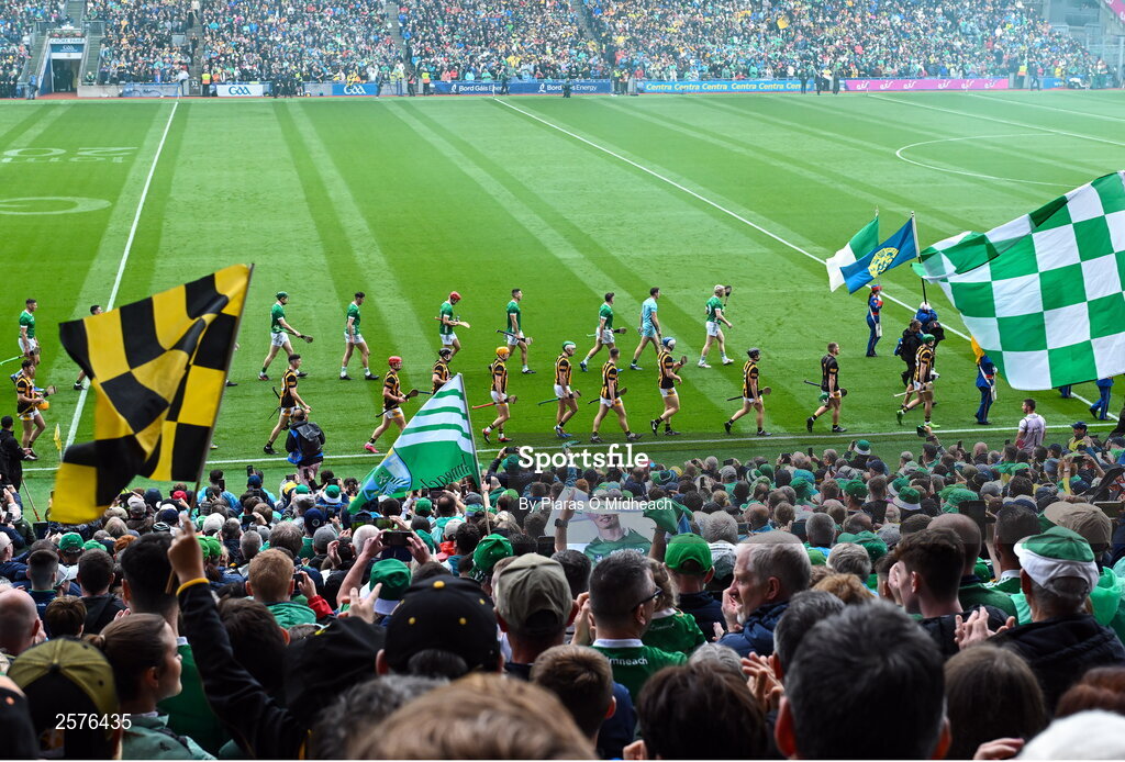 23 July 2023; Both teams parade before the GAA Hurling All-Ireland Senior Championship final match between Kilkenny and Limerick at Croke Park in Dublin. Photo by Piaras Ó Mídheach/Sportsfile