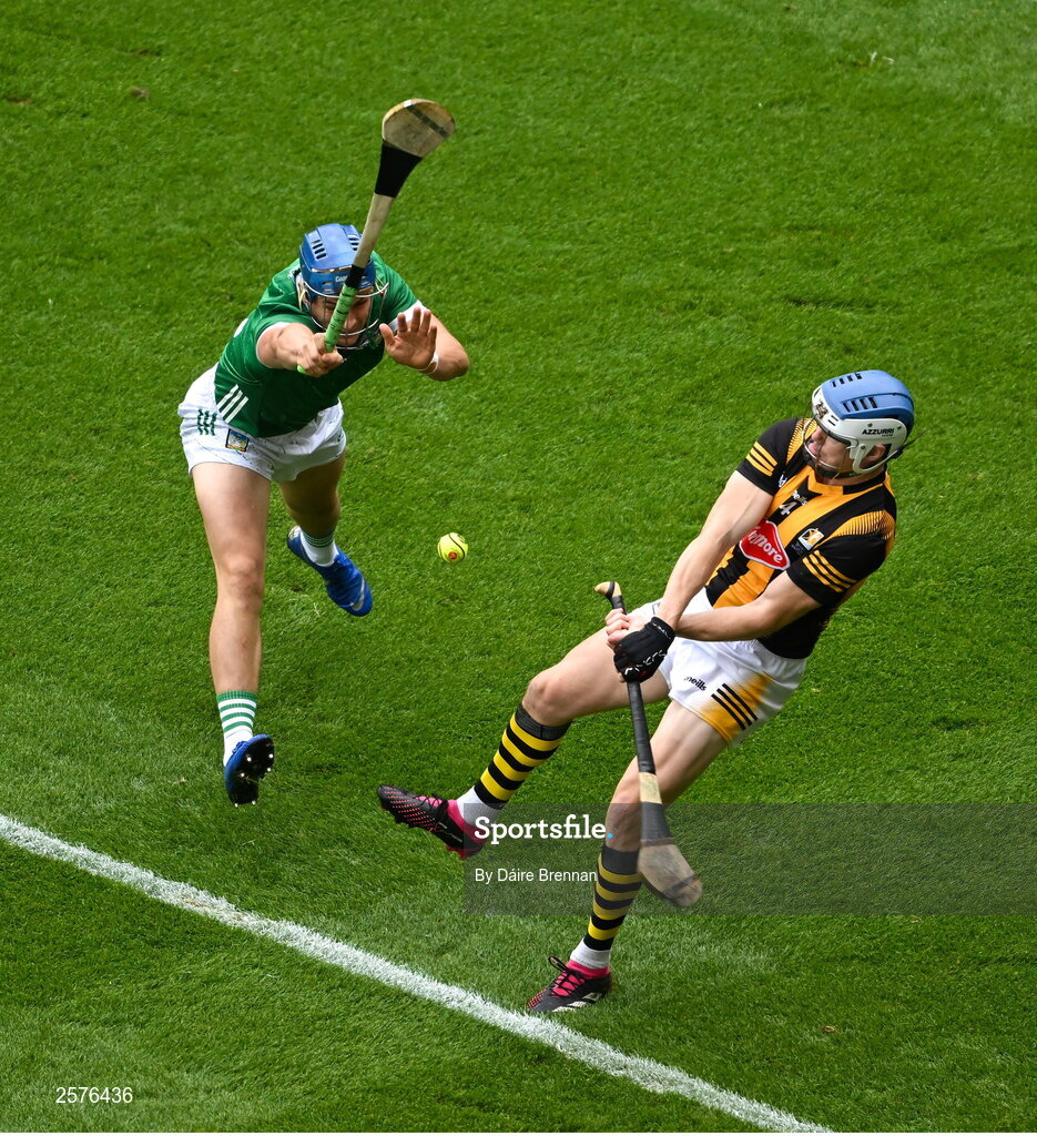 23 July 2023; TJ Reid of Kilkenny in action against Mike Casey of Limerick during the GAA Hurling All-Ireland Senior Championship final match between Kilkenny and Limerick at Croke Park in Dublin. Photo by Daire Brennan/Sportsfile