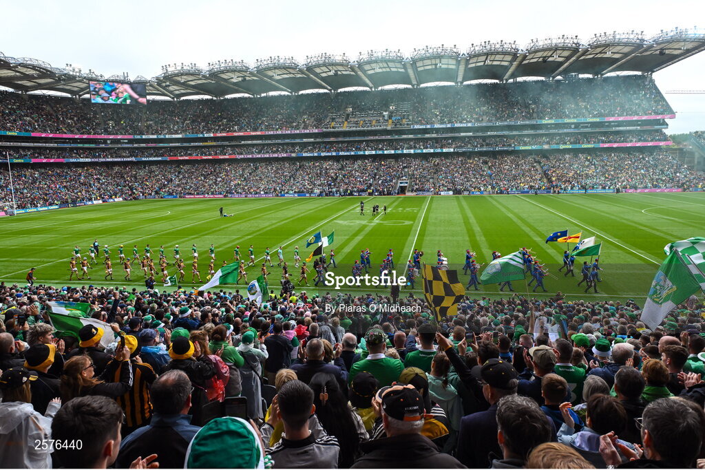 23 July 2023; Both teams parade before the GAA Hurling All-Ireland Senior Championship final match between Kilkenny and Limerick at Croke Park in Dublin. Photo by Piaras Ó Mídheach/Sportsfile