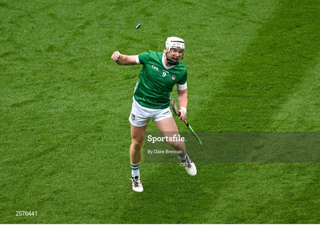 23 July 2023; Cian Lynch of Limerick celebrates after scoring a first half point during the GAA Hurling All-Ireland Senior Championship final match between Kilkenny and Limerick at Croke Park in Dublin. Photo by Daire Brennan/Sportsfile