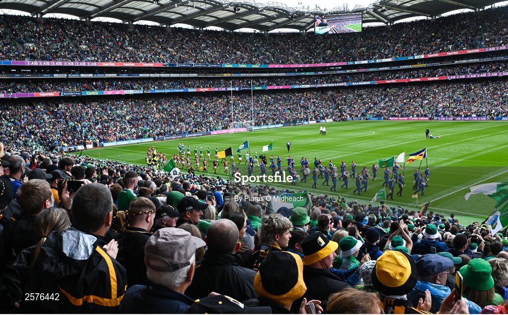 23 July 2023; Both teams parade before the GAA Hurling All-Ireland Senior Championship final match between Kilkenny and Limerick at Croke Park in Dublin. Photo by Piaras Ó Mídheach/Sportsfile