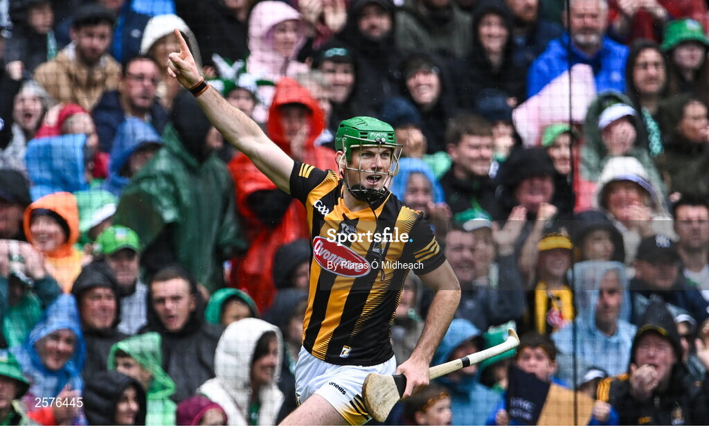 23 July 2023; Eoin Cody of Kilkenny celebrates after scoring his side's first goal during the GAA Hurling All-Ireland Senior Championship final match between Kilkenny and Limerick at Croke Park in Dublin. Photo by Piaras Ó Mídheach/Sportsfile