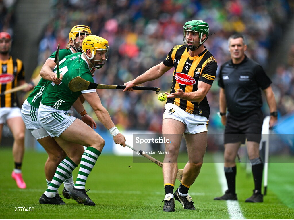 23 July 2023; Tommy Walsh of Kilkenny in action against Séamus Flanagan and Tom Morrissey of Limerick during the GAA Hurling All-Ireland Senior Championship final match between Kilkenny and Limerick at Croke Park in Dublin. Photo by Brendan Moran/Sportsfile